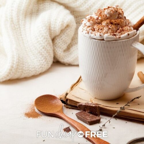 Mexican hot chocolate in a mug with a cinnamon stick from Fun Cheap or Free.