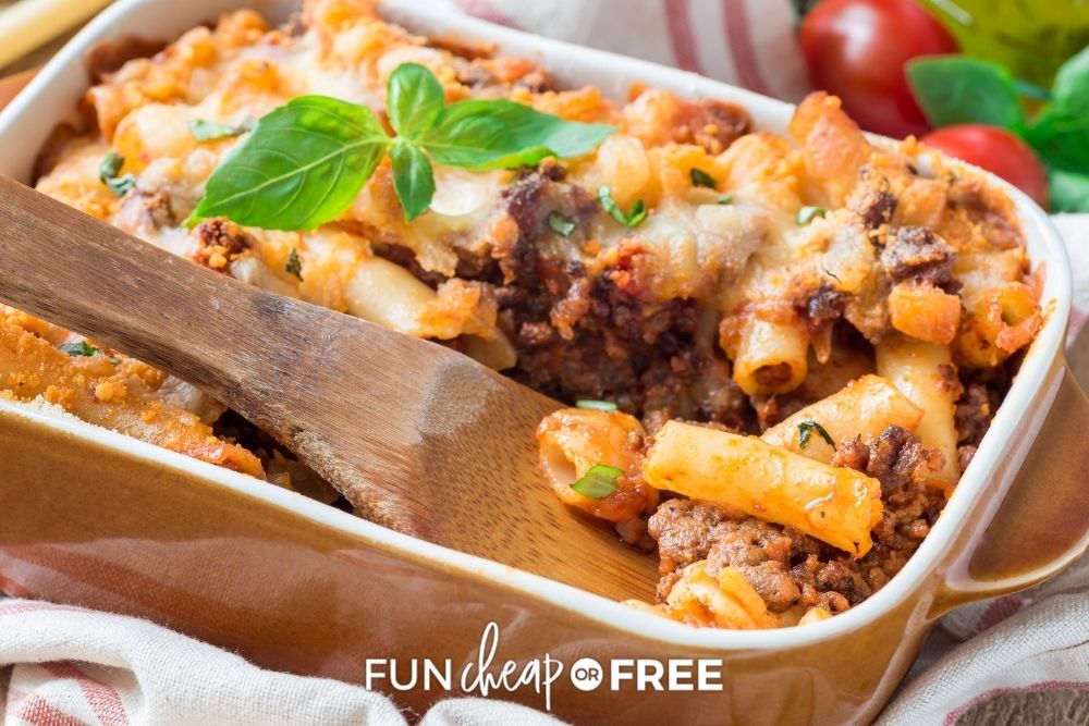 Baked ziti in a dish from Fun Cheap or Free. 