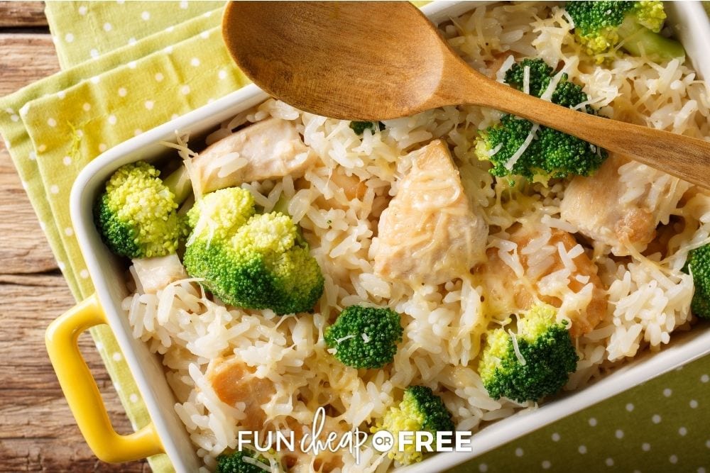 Chicken broccoli rice casserole in a dish from Fun Cheap or Free. 