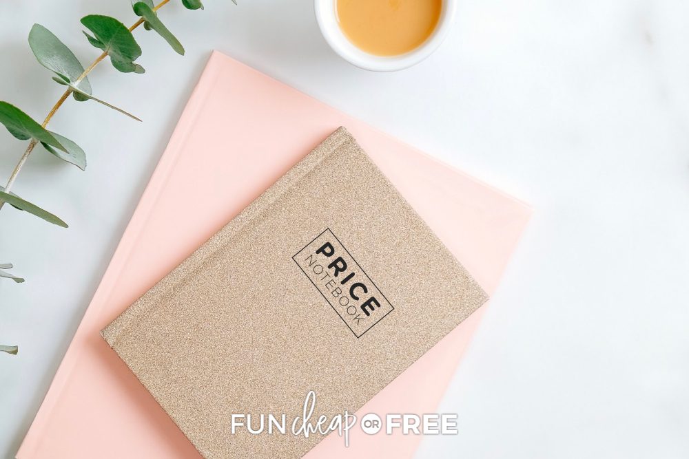 Price notebook on a desk from Fun Cheap or Free