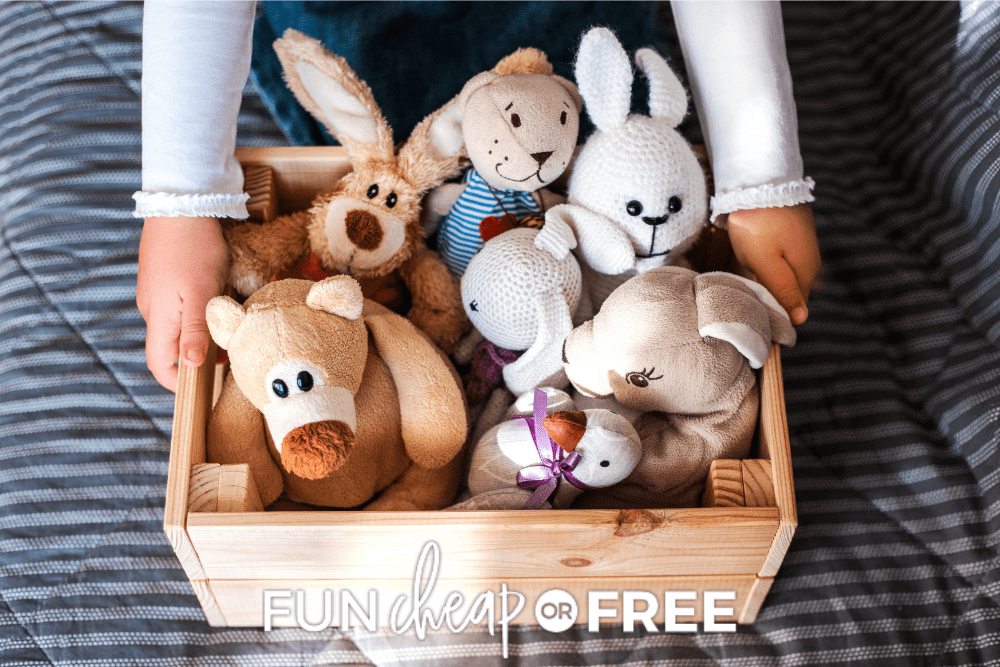Image of a wooden crate full of stuffed animal toys. A child's arms and hands are holding it. - Fun Cheap Or Free