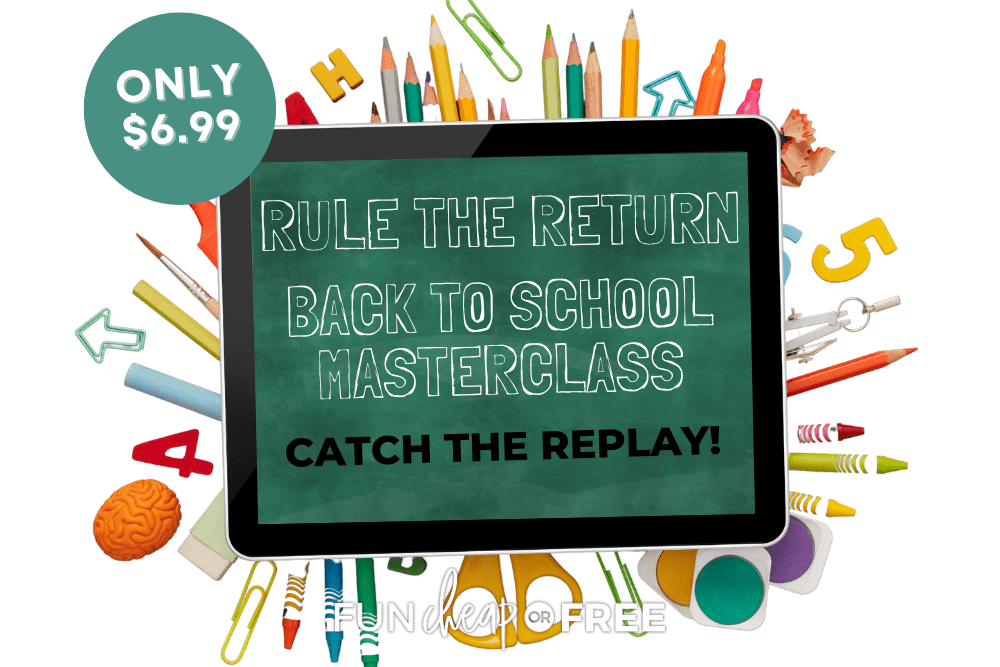 Graphic of a chalkboard surrounded by school supplies. The chalkboard says "Rule The Return - Back To School Masterclass - Catch The Replay!"