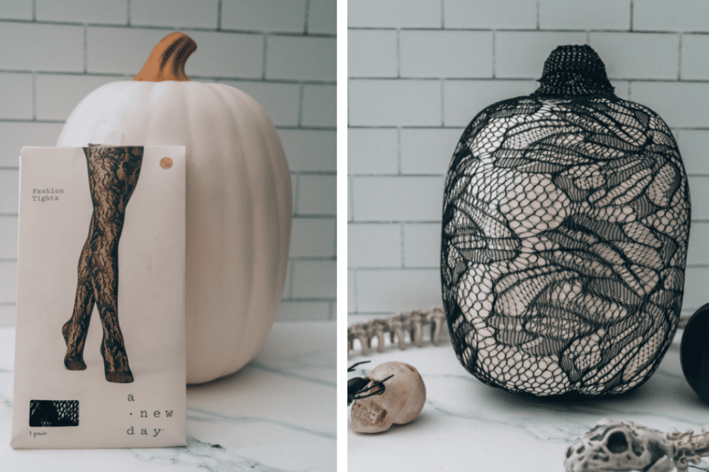 A white pumpkin with black lace tights stretched over it to create a no-carve pumpkin decoration. 